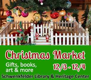 Begin your holiday preparations at the Heritage Center the weekend of December 3 and 4. It’s a great chance to start (or finish) your shopping as unique gifts are available. Purchase a piece of artwork at the Perkiomen Valley Art Center’s “Favorites” Exhibition and Fine Art Sale or in our gift shop stocked with all sorts of treasures and Pam Smith’s one-of-a-kind jewelry. A basket raffle will be on-going through the weekend as will Make & Take Christmas crafts for kids and adults and the Christmas Putz. Live holiday music on Saturday includes the Upper Perkiomen High School Select Strings Group at 11:00am.